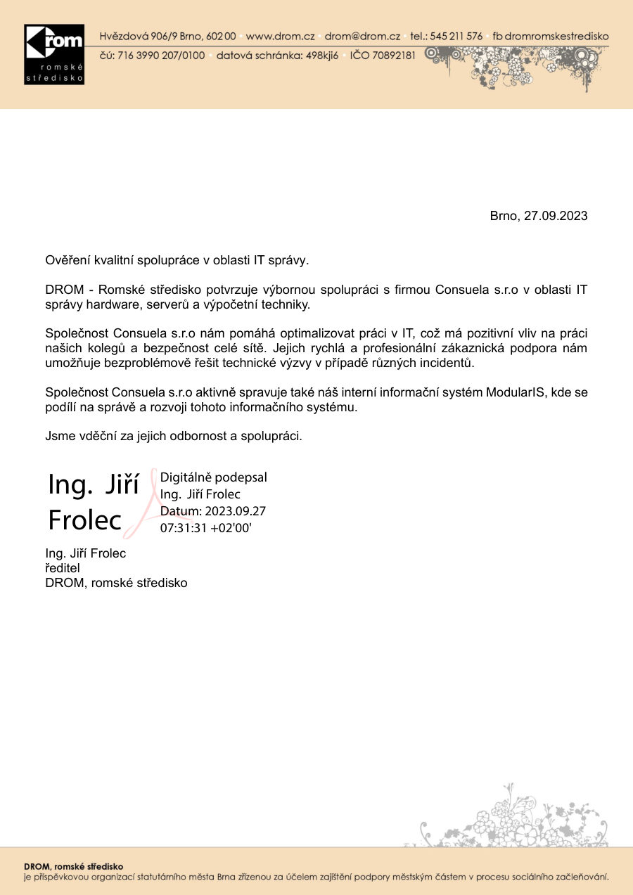 Doporučující dopis — DROM, romské středisko