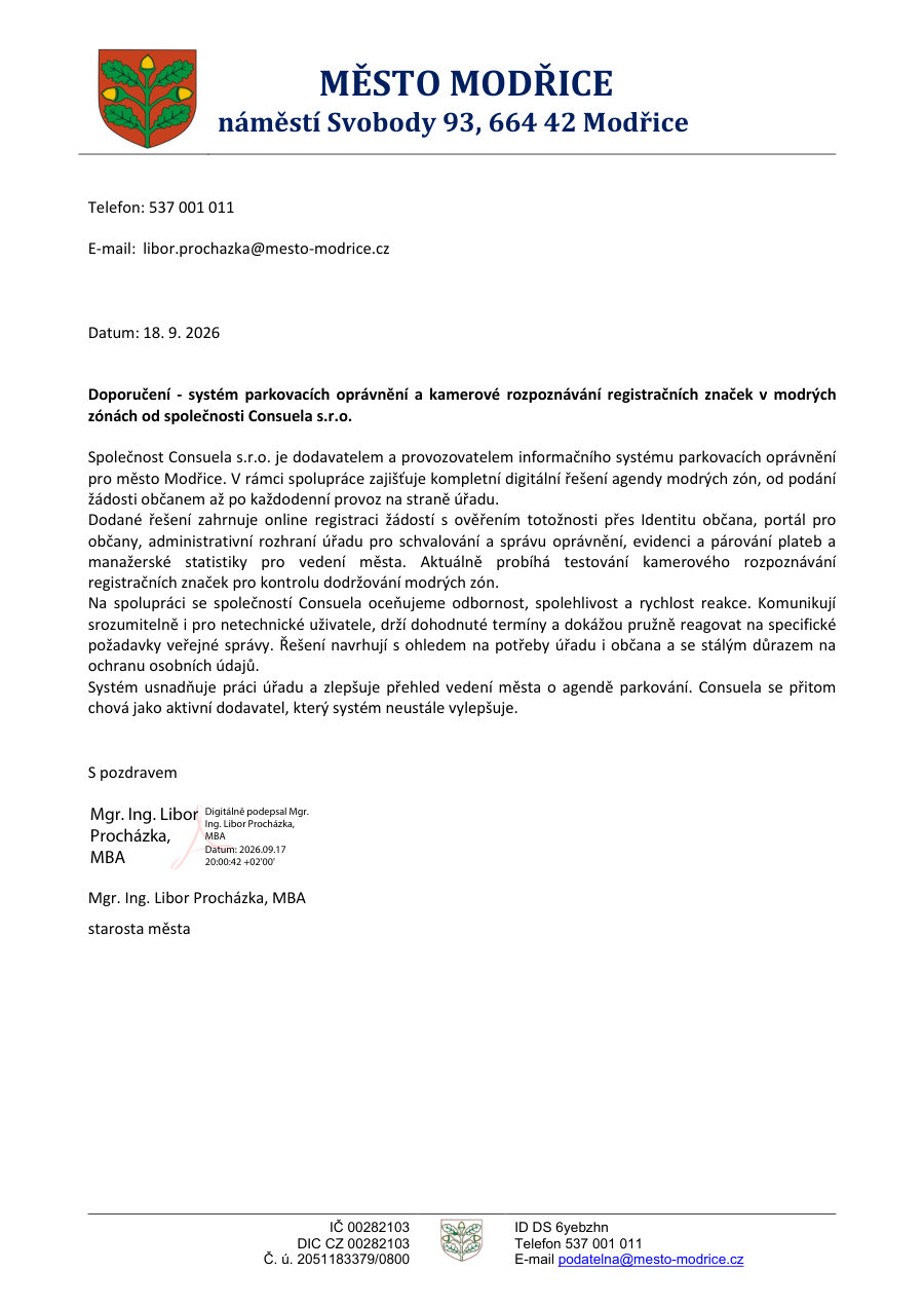 Doporučující dopis — město Modřice
