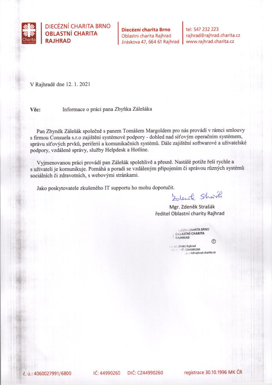 Doporučující dopis — Oblastní charita Rajhrad