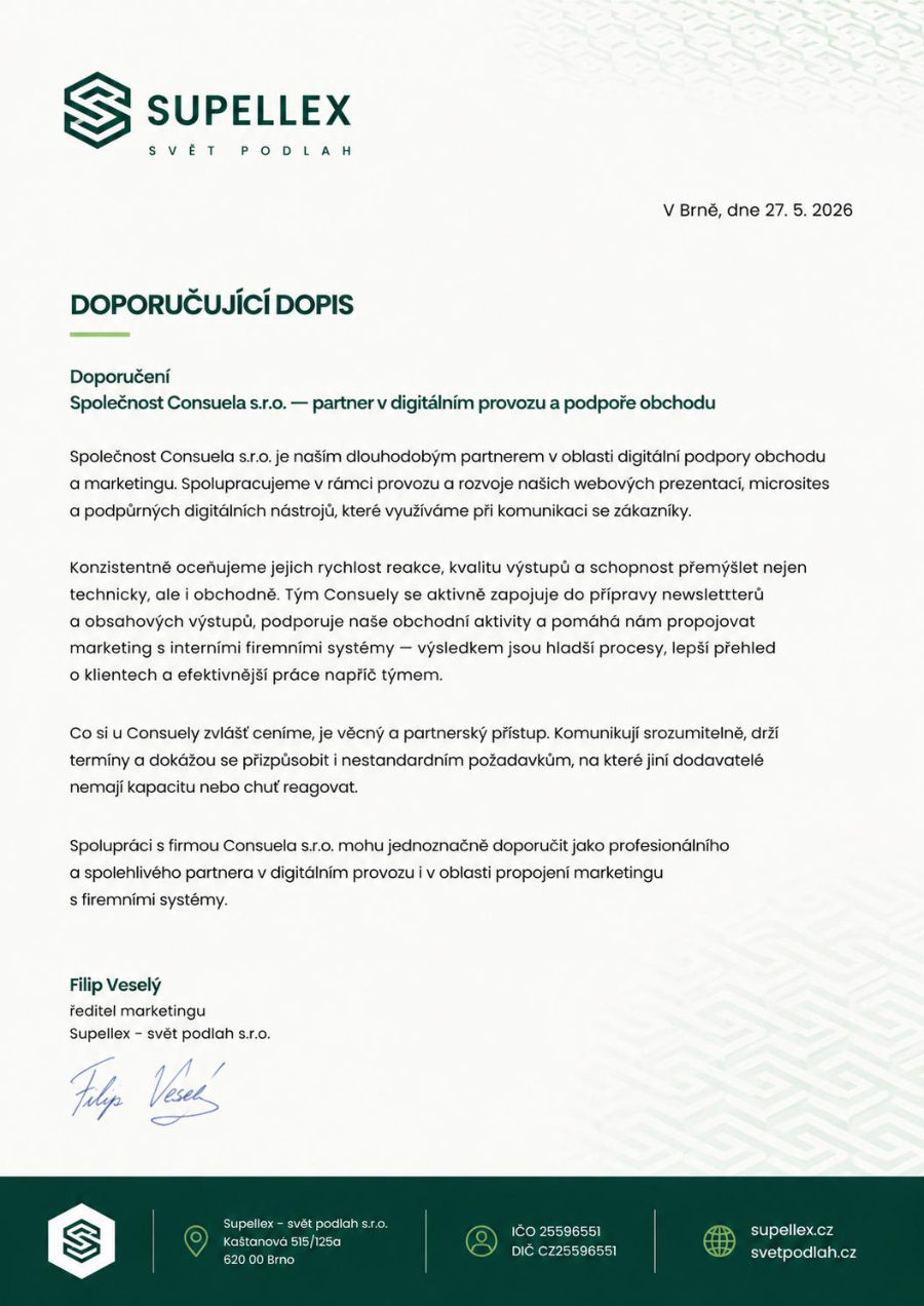 Doporučující dopis — Supellex, svět podlah